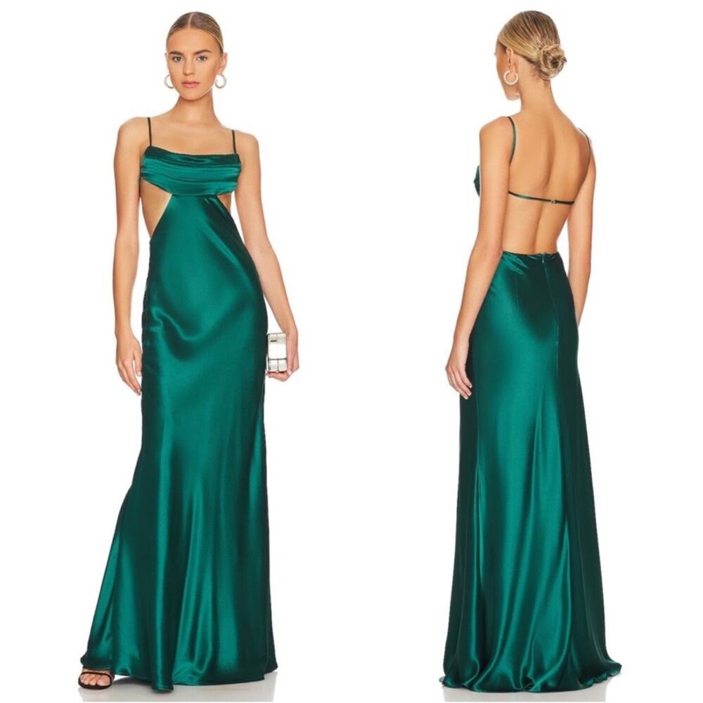 SAU LEE Paula Cutout Open Back Satin Emerald Green Maxi Dress Size 2
